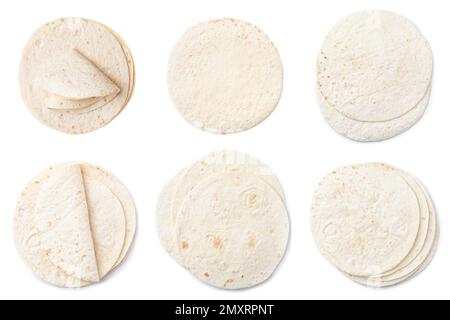 Set of corn tortillas on white background, top view Stock Photo