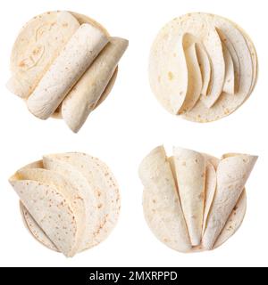 Set of corn tortillas on white background, top view Stock Photo