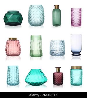 Set of empty glass vases on white background Stock Photo