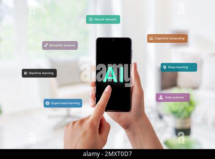 Smart phone, showcasing the use of AI technology such as semantic analysis, deep learning, neural networks, machine learning, supervised learning. Int Stock Photo