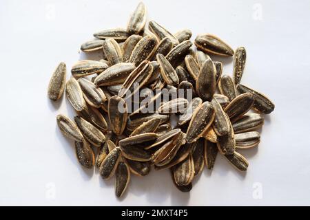 Salted sunflower seeds background. Top view of heap roasted sunflower seeds on white background isolated. Selective focus. Stock Photo