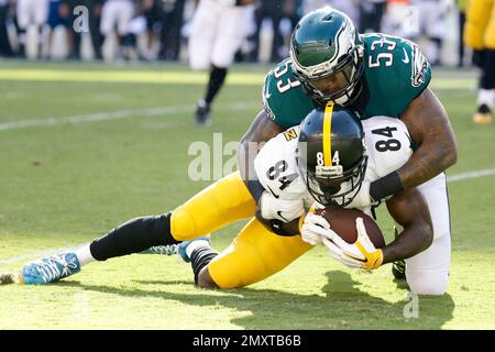 Philadelphia Eagles linebacker Nigel Bradham 53 takes down Pittsburgh Steelers wide receiver Antonio Brown 84 during the first half of the NFL football game Sunday Sept. 25 2016 in Philadelphia. The E...