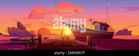 Fishing boats at pier in lake, river or sea harbor. Summer sunset landscape with dock with boardwalk, wooden boat and fishery ship, stones in water, p Stock Vector