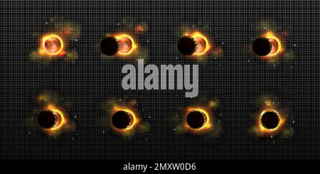 Sun and moon in solar eclipse in different phases. Outer space with total and partial solar eclipse, stars and smoke isolated on transparent backgroun Stock Vector