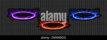 Round energy portal with lightnings. Circle electric frames with neon glow and discharges in angle view. Blue, red and purple electric rings isolated Stock Vector