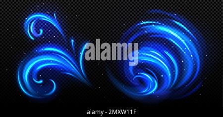 Abstract blue swirl, cold wind motion, twirls and flows. Spiral and curl light lines with sparkles. Effect of winter air vortex, blizzard, vector real Stock Vector