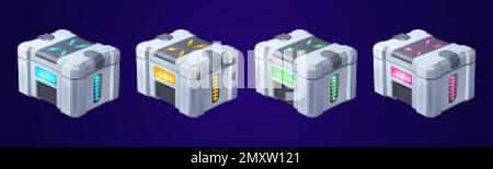 Game futuristic boxes, future technology chests. Icons of sci-fi equipment, metal loot boxes with electronic lock and display with neon light, vector Stock Vector