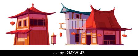Asian architecture, chinese houses, traditional oriental buildings in China. Asian city buildings with red roof, wooden walls and lanterns, vector car Stock Vector
