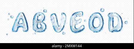 Water type font, liquid letters set. Pure aqua splashes in shape of text characters. Clear blue water or gel drops in shape of english letters isolate Stock Vector
