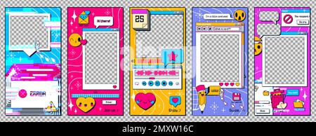 Social media stories template with retro 90s PC interface with windows frames, error message, cursor, buttons and folders, vector cartoon set isolated Stock Vector