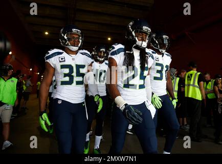 Seattle Seahawks' Richard Sherman walks to the field prior to an NFL  football game against the Los Angeles Rams at the Los Angeles Memorial  Coliseum, Sunday, Sept. 18, 2016, in Los Angeles. (