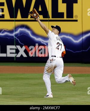 Miami Marlins right fielder Giancarlo Stanton catches a fly ball by Atlanta  Braves' Mallex Smith during the ninth inning of a baseball game, Friday,  April 15, 2016, in Miami. The Braves won