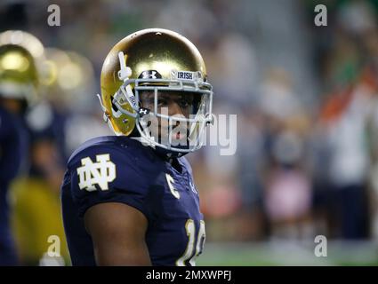 Notre Dame wide receiver Torii Hunter Jr. (16) gets medical attention after  an injury during an NCAA football game. Sunday, September 4, 2016 in  Austin, Tex. Texas won 50-47 in overtime. (TFV