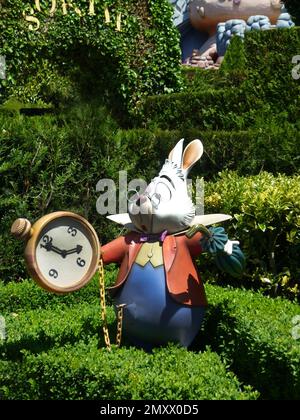 White rabbit from the Disney movie Alice in Wonderland with his watch. It's getting late. Do not waste time. Lewis Carrol book character. Euro Disney Stock Photo