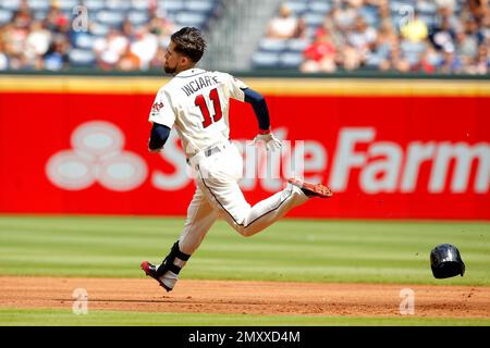 Atlanta Braves center fielder Cristian Pache (25) runs to second base  during a baseball game against the Philadelphia Phillies Saturday, April  10, 2021, in Atlanta. (AP Photo/John Bazemore Stock Photo - Alamy