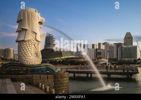 February 6, 2020: Merlion Statue at Marina Bay in singapore. The Merlion is the official mascot of singapore designed by Alec Fraser Brunner, widely u Stock Photo