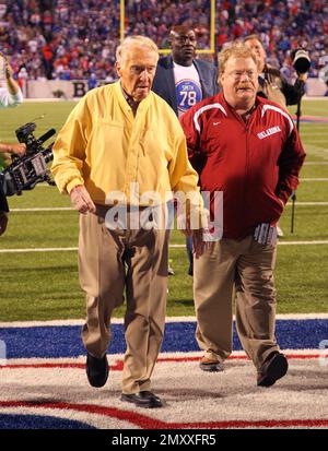 Former Buffalo Bills head coach Marv Levy walks on the field before an NFL  football game between the Bills and the New England Patriots, Sunday, Sept.  29, 2019, in Orchard Park, N.Y. (