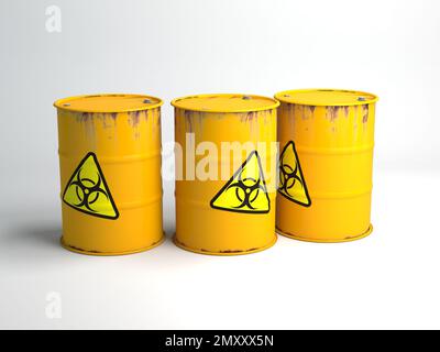 three yellow rusty barrels with a radiation hazard sign 3D render Stock Photo