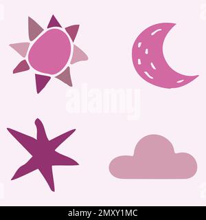 Cute whimsical sun and moon set of vector motifs. Illustration of night and day sky collection for children clipart.  Stock Vector