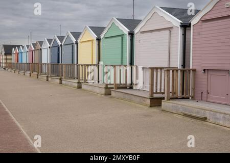 View of the new colourful beach huts on Gorleston promenade in Norfolk Stock Photo