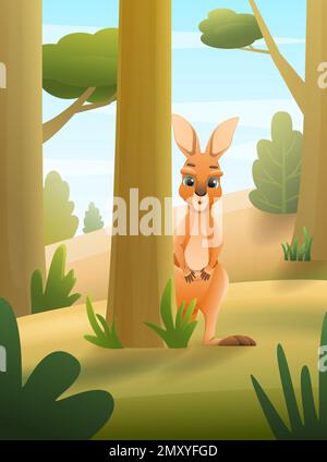 Cute curious kangaroo looking out from behind tree in forest cartoon vector illustration Stock Vector