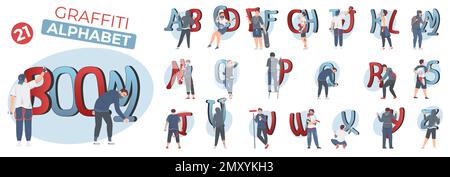 People Drawn Using Letters Graffiti alphabet flat composition set of people drawing letters with ...