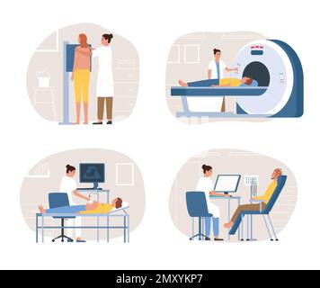 Medical diagnosis equipment flat composition set doctors carry out medical examinations in patients with mri xray ultrasound vector illustration Stock Vector