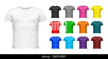 Realistic t shirt mockup color icon set white black pink gray yellow red green orange dark green blue light blue purple and brown colors vector illust Stock Vector