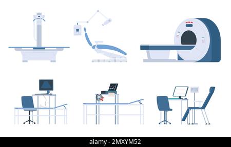 Medical diagnosis equipment flat icon set diagnostic medical devices ct mri ultrasound ecg vector illustration Stock Vector