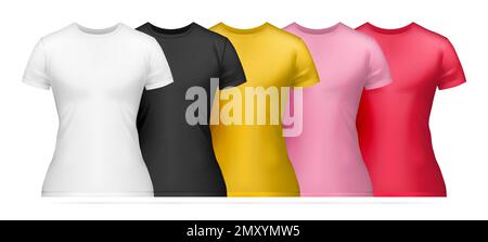 Realistic women t shirt mockup color icon set five colorful womens t shirts white black yellow pink and red vector illustration Stock Vector