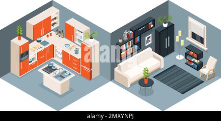Isometric kitchen interior composition with indoor view of modern ...