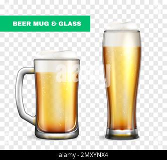 Realistic beer mug glass icon set two different glasses with and without a handle and filled with beer vector illustration Stock Vector