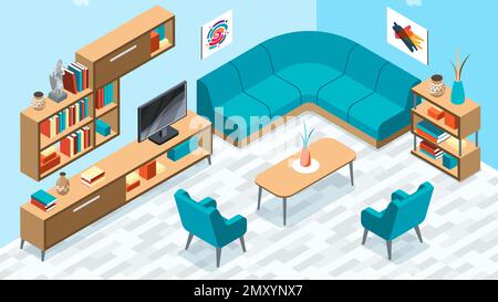 Isometric interior composition with indoor scenery of living room with corner sofa books table and chairs vector illustration Stock Vector