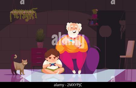 Grandfather playing video games with grandson indoors cartoon vector illustration Stock Vector