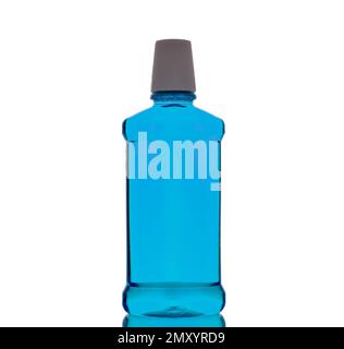 One bottle of mouthwash, macro, isolated on white background. Stock Photo