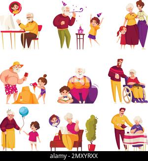 Senior relatives cartoon icons set with old people wieh younger family members isolated vector illustration Stock Vector