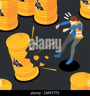 Safety precaution at work place isometric concept with barrel exploding vector illustration Stock Vector