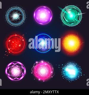 Realistic electric energy plasma sphere set of isolated round icons with colorful bolts sparkles and orbits vector illustration Stock Vector