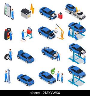 Car service isometric set of workers providing inspection maintenance repair tire service in workshop isolated vector illustration Stock Vector