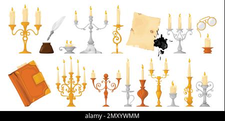Retro candle holders old set with isolated icons of candles on ornate stands with vintage items vector illustration Stock Vector
