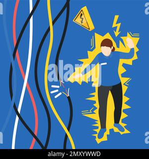 Safety precaution at work place isometric concept with girl getting electric shock from broken wire vector illustration Stock Vector