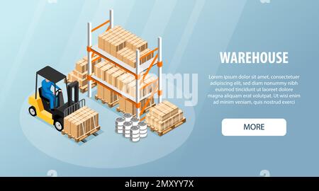 Isometric warehouse interior with worker driving forklift and stored pallets vector illustration Stock Vector