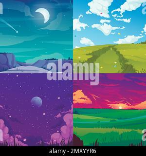 Sky compositions set with day and night symbols flat isolated vector illustration Stock Vector