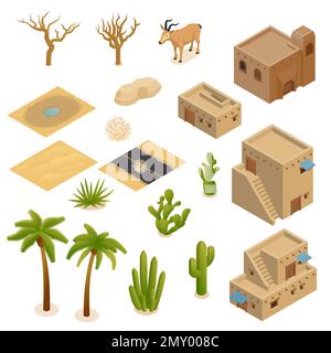 Desert landscape isometric set of mud brick buildings plants animals inhabits adapted for hot arid climate isolated vector illustration Stock Vector