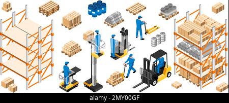 Isometric warehouse interior icons set with workers loading boxes with forklifts isolated vector illustration Stock Vector
