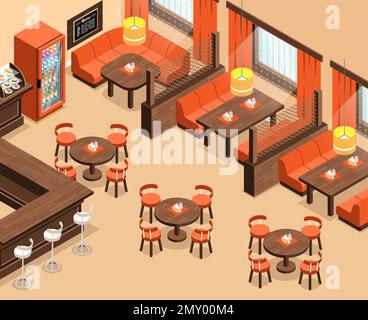 Empty restaurant interior with differnt tables and bar counter isometric vector illustration Stock Vector
