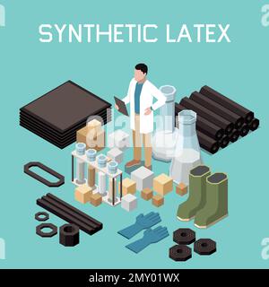 Synthetic latex isometric background with equipment elements of chemical laboratory and finished products vector illustration Stock Vector