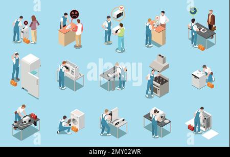 Home appliance repair service isometric set of House Call experts masters working in workshop and customers isolated vector illustration Stock Vector
