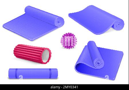 Realistic yoga and myofascial massage icons set with rug mat and foam roller isolated vector illustration Stock Vector