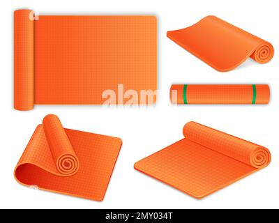 Realistic orange yoga rug mat icons set isolated vector illustration Stock Vector